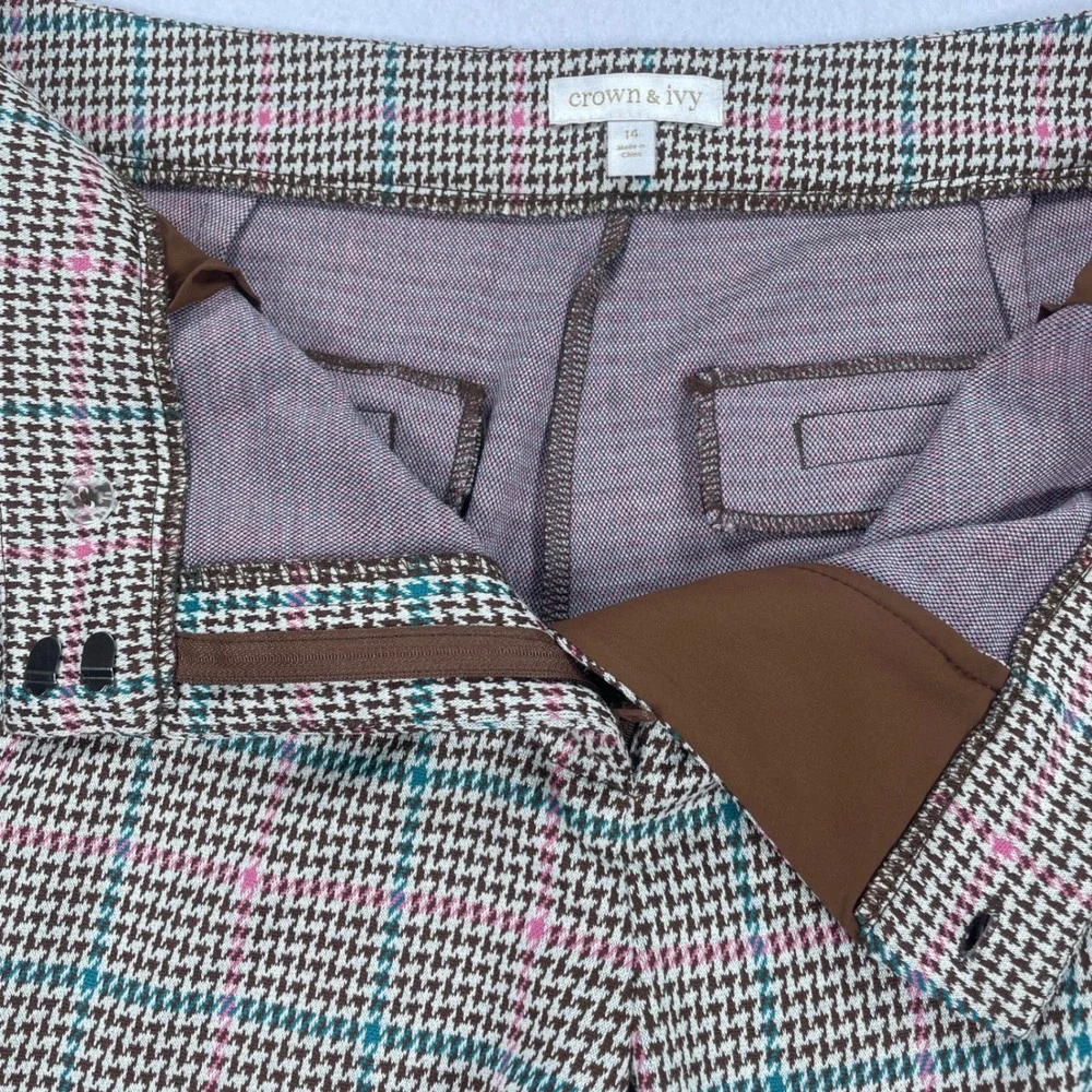 Crown & Ivy Womens Pink Teal Houndstooth Plaid Wide Leg Trousers Size 14